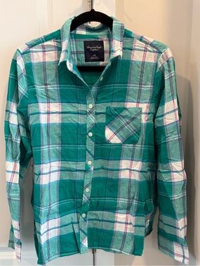American Eagle Womens Teal Plaid Button-Up Shirt